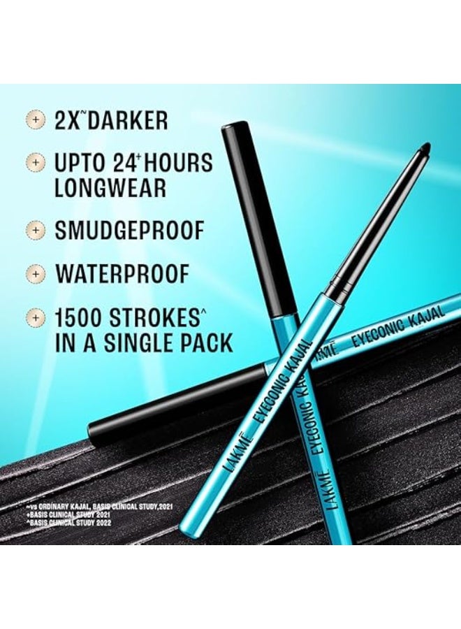 Lakme 9-5 Eyeconic Kajal, Deep Black, Smudgeproof and Waterproof that lasts upto 24H, for 2x dark pigment, 0.35g - Image 2